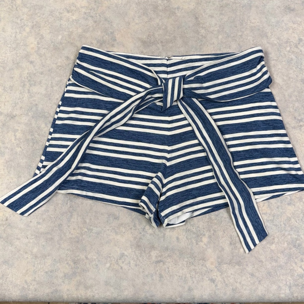 Wild Honey Blue and White Striped High-Waist Tie-Front Shorts L